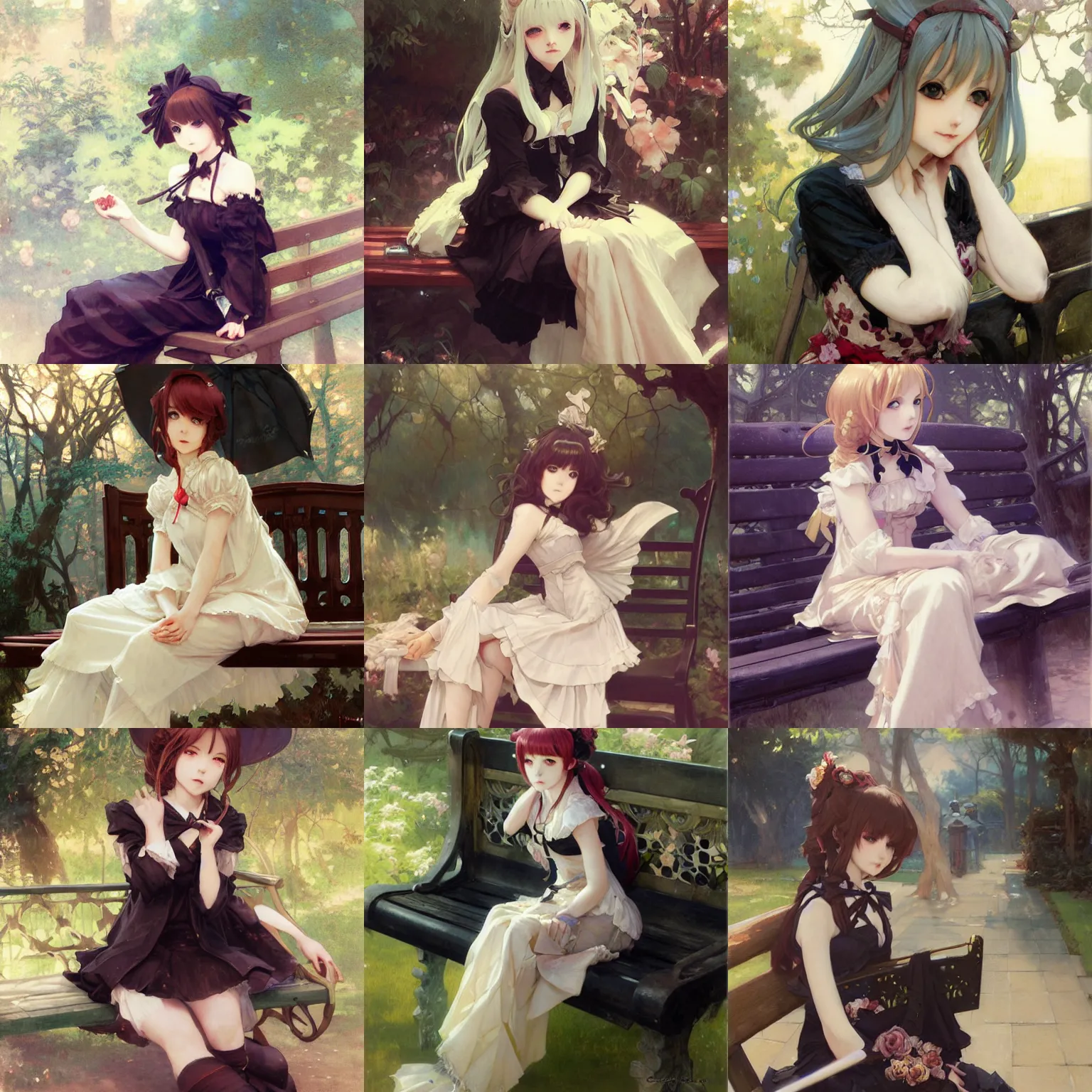 Prompt: cute anime girl portrait, black gothic lolita dress, sitting on a bench, by krenz cushart and mucha and akihito yoshida and greg rutkowski, painting by gaston bussiere, craig mullins, j. c. leyendecker