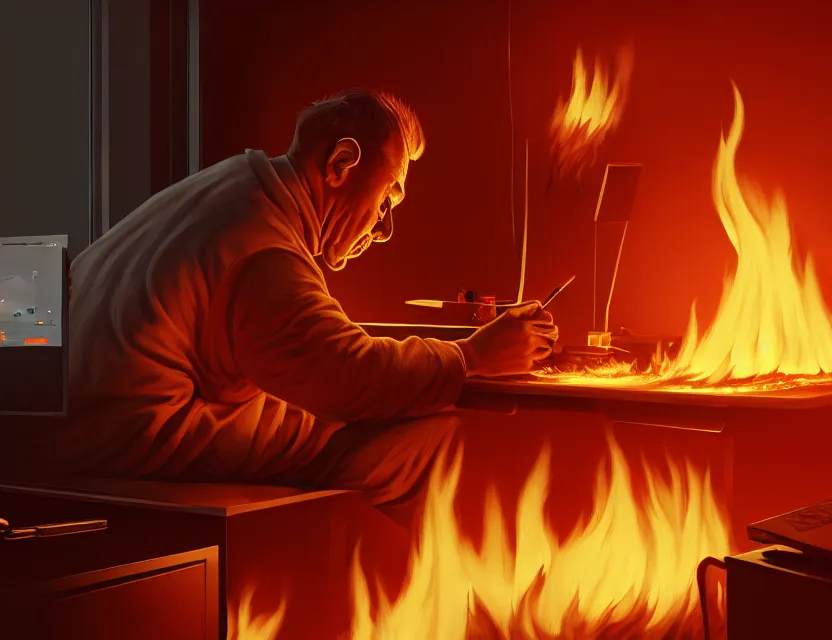 Image similar to a man works at a workstation in a big office with burning fires, close up, featured in artstation, intricate, ultra detailed, unreal engine, concept art, wide - angle lens, sharp focus, illustration, 8 k