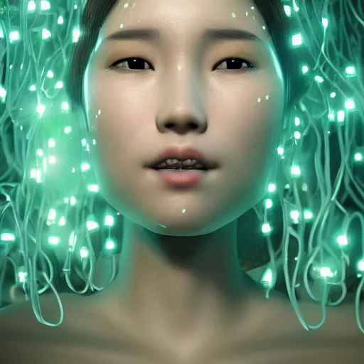 Image similar to intricate highly detailed face portrait of asian - european woman, light mint transparent water vines on her face, intricate, cgsociety, unreal engine, octane render, sharp focus, smooth, volumetric lighting, cinematic composition, artstation c 1 0. 0