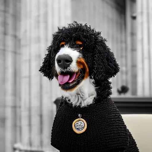 Image similar to a closeup photorealistic photograph of a cute smiling knitted bernedoodle judge dog dressed in a black gown, presiding over the courthouse. indoor image, professional capture, well lit shot. this 4 k hd image is trending on artstation, featured on behance, well - rendered, extra crisp, features intricate detail, epic composition and the style of unreal engine.