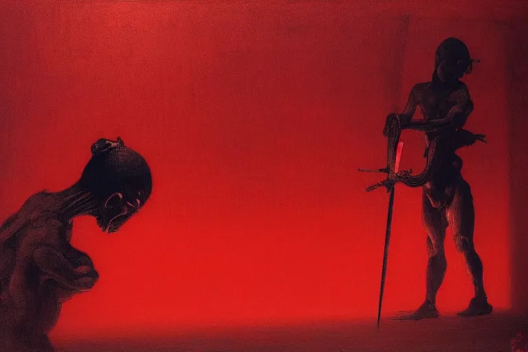 Image similar to only with red, a red samurai do seppuku, tokio, a lot of frogs watch, in the style of beksinski, parts by edward hopper, parts by rodcenko, parts by yue minjun, intricate and epic composition, red by caravaggio, insanely quality, highly detailed, masterpiece, red light, artstation, 4 k