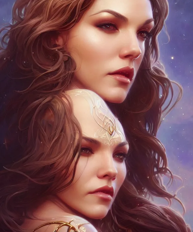 Image similar to Katherine McPhee as a fantasy magic woman portrait, sci-fi, amber eyes, face, long hair, fantasy, intricate, elegant, highly detailed, digital painting, artstation, concept art, smooth, sharp focus, illustration, art by artgerm and greg rutkowski and alphonse mucha