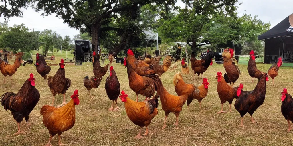 Image similar to summer music festival full of hen and roosters. no humans. tex fowl