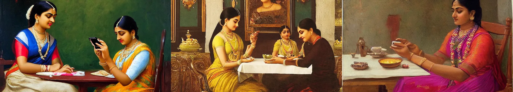 Prompt: a young beautiful lady is sitting at the table using her iphone, in style of Raja Ravi Varma