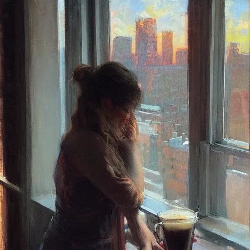 Image similar to “ a girl holding a cup of coffee looking out a window overlooking the east village in new york city, morning light, by daniel gerhartz ”