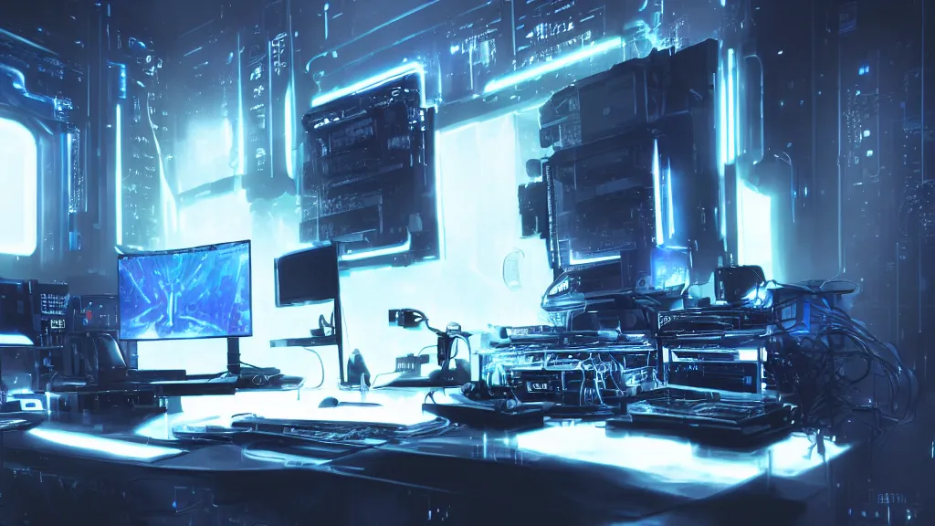 Image similar to a cyberpunk overpowered computer. Overclocking, watercooling, custom computer, cyber, mat black metal, alienware, futuristic design, desktop computer, nebula, galactic, space, minimalist desk, minimalist home office, whole room, minimalist, Beautiful dramatic dark moody tones and lighting, orange neon, Ultra realistic details, cinematic atmosphere, studio lighting, shadows, dark background, dimmed lights, industrial architecture, Octane render, realistic 3D, photorealistic rendering, 8K, 4K, Cyborg R.A.T 7, Republic of Gamer, computer setup, highly detailed
