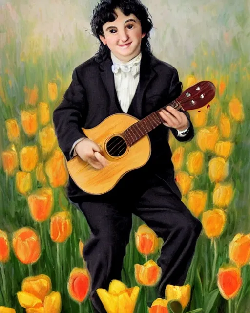 Prompt: tiny tim with long curly black hair wearing a plaid suit tiptoes thru the tulips holding his ukelele full portrait shot