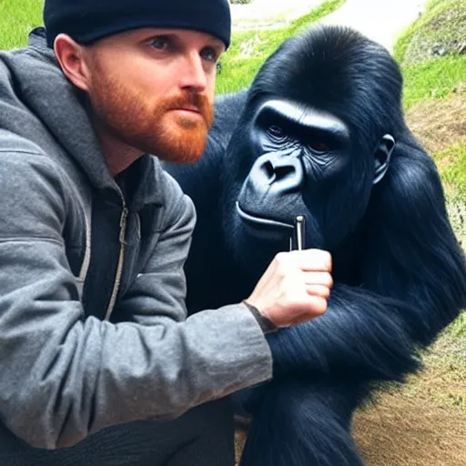 Prompt: A photo of Aaron Paul smoking weed with a gorilla, Jesse Pinkman