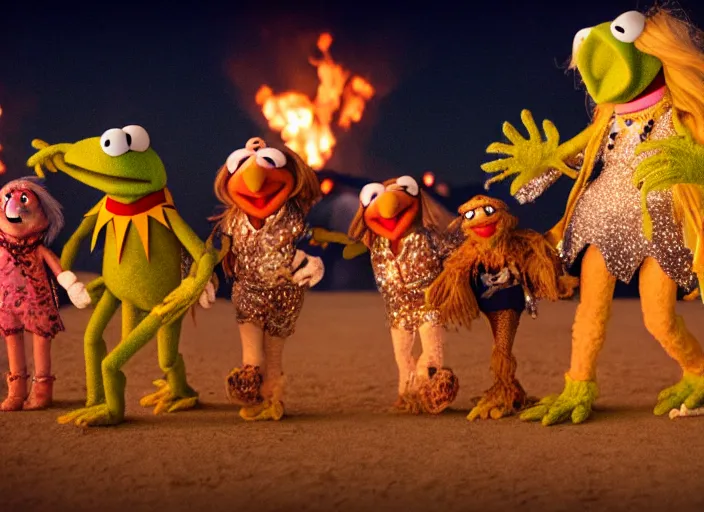 Image similar to The Muppets partying at Burning Man, cinematic
