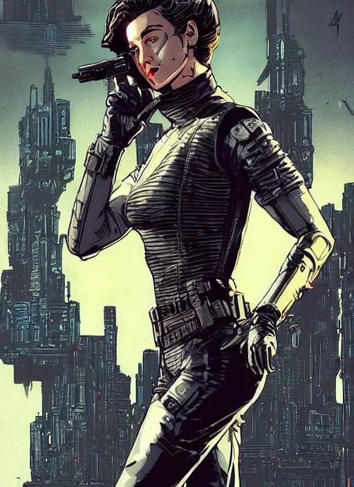 Prompt: selina kyle. gorgeous female cyberpunk assassin wearing a military vest, and tactical jumpsuit. gorgeous face. realistic proportions. concept art by james gurney, laurie greasley, and josan gonzalez. pop art. moody industrial skyline. artstationhq. creative character design for cyberpunk 2 0 7 7.