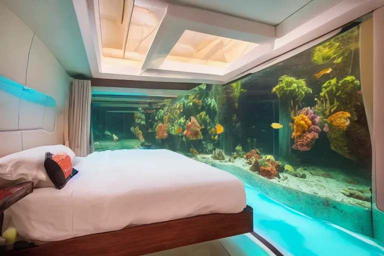 Prompt: an underwater hotel room from the future, the bed is a fish tank, caustic lighting, summer day, palm trees, 55mm 2021