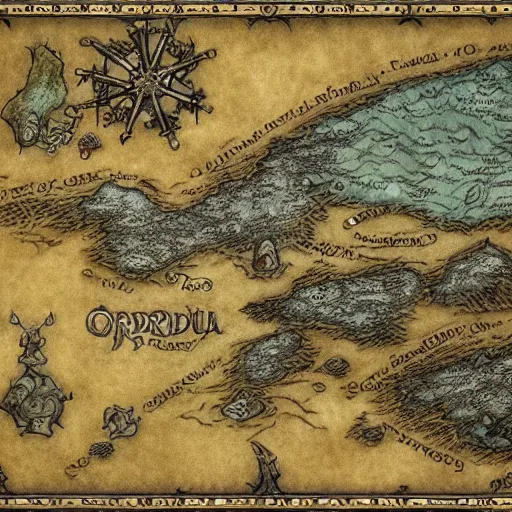 Image similar to simple fantasy map, the land of Odrua, several continents, world of Lute, by JRR Tolkien and Brian Froud, Vatican Map Room, fantasy concept painting, Magic The Gathering Art, trending on art station, showing kingdoms, oceans, continents, vast seas, open plains, baroque frame border