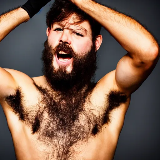 Image similar to high-resolution photograph of a lad showing off his hairy armpits