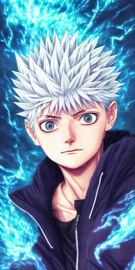 Prompt: killua zoldyck in rossdraws art, with thunderstorms, 8 k, bright colors, detailed face, details, sharp smooth, aykut aydogdu