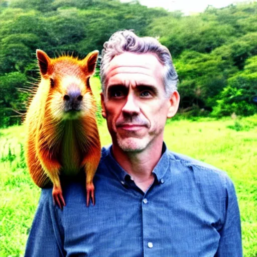 Prompt: Jordan Peterson on a capybara ranch with a cat on his shoulder