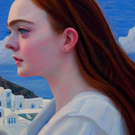 Prompt: professional painting of Elle Fanning in Santorini in the style of Daniel Garber, head and shoulders portrait, symmetrical facial features, smooth, sharp focus, illustration, intricate, stormy weather, extremely detailed masterpiece,