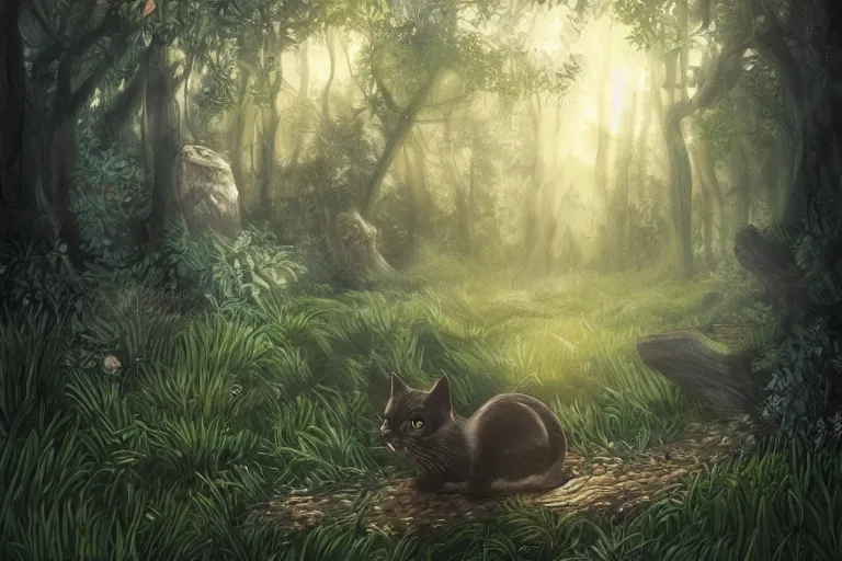 Image similar to a cat in a forest, highly detailed, digital art, trending on artstation, backlighting, by kawacy