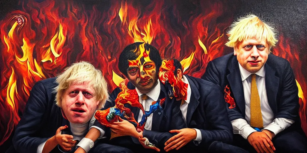 Image similar to rishi sunak and boris johnson in hell, abstract oil painting by gottfried helnwein pablo amaringo raqib shaw zeiss lens sharp focus high contrast chiaroscuro gold complex intricate bejeweled