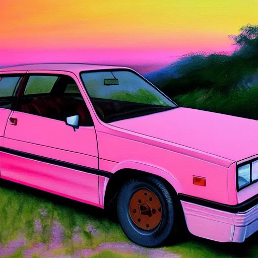 Image similar to an old 1 9 8 0 s car parked off the road, sunset, ocean in distance, pink, oil painting, pale colors, high detail, 8 k, wide angle, trending on artstation,