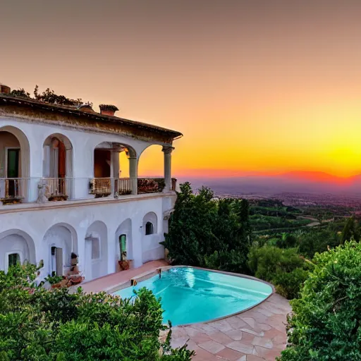 Prompt: big italian villa on top of hill sunset