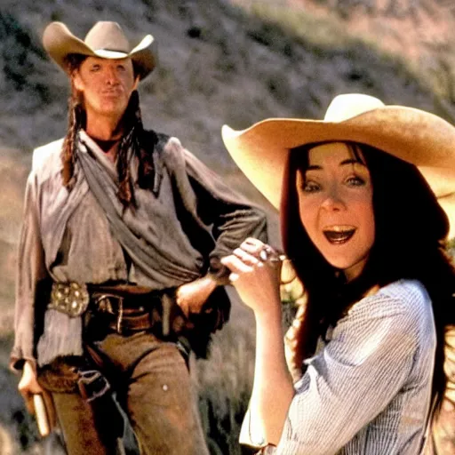 Prompt: screenshot from western movie, with young alyson hannigan