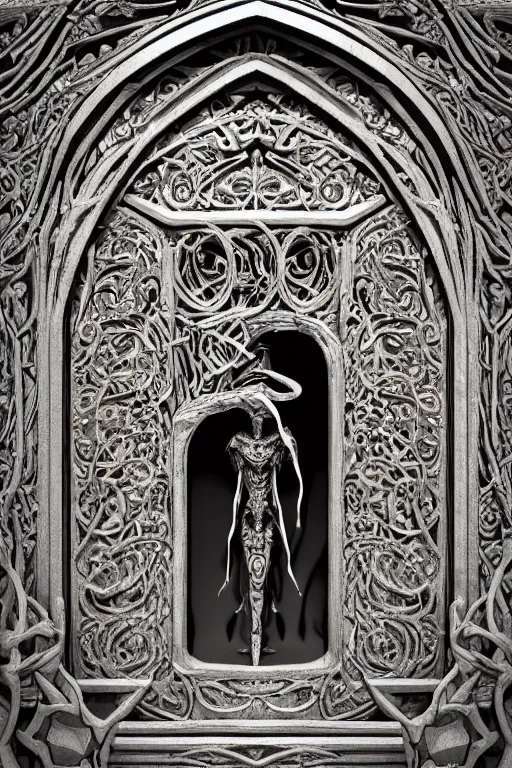 Prompt: extremely 3 d render detailed intricate ornate metallic bone carved concept art of hooded necromancer in front of a lovecraft portal