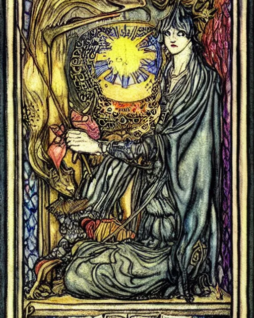 Image similar to tarot card, very detailed painting, illustration, colorful, tarot card ornate frame with roman numerals, in style of Arthur Rackham