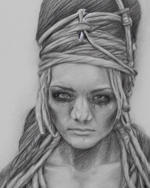 Image similar to A beautiful woman warrior, faded background of a pirate ship at a deserted island, realism pencil drawing on white paper, bald lines