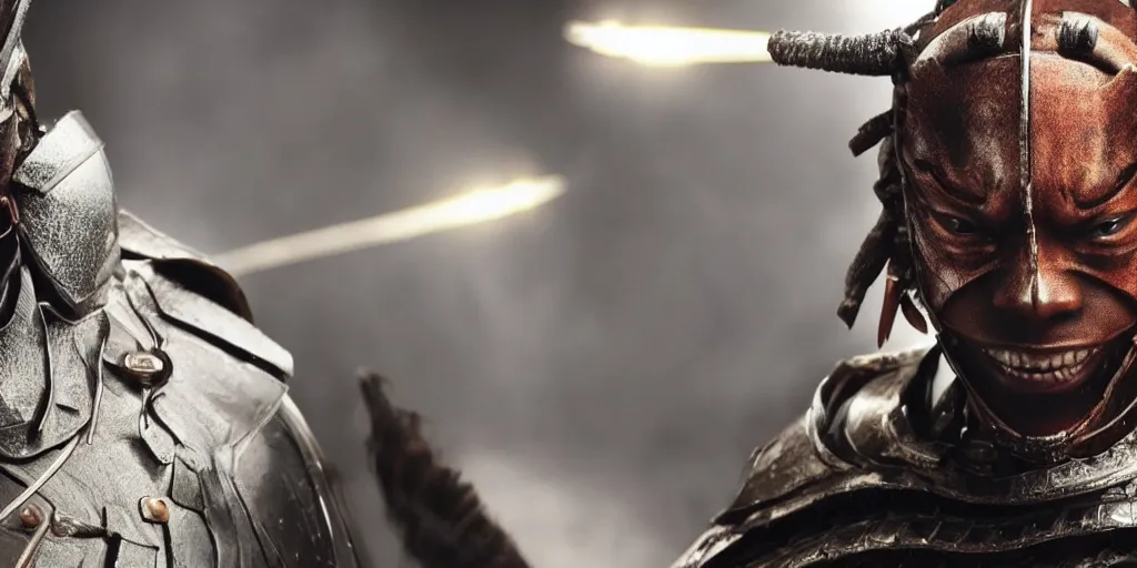 Image similar to a film still of a black man starring in a japanese blockbuster film as yoshimitsu, shallow depth of field, cinematic, award winning cgi, vfx, film still