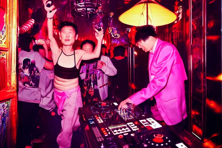 Image similar to a middle aged chinese dj in a nightclub. by david lachapelle