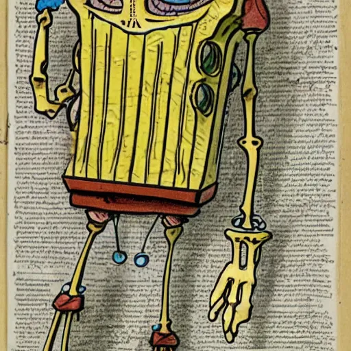 Prompt: vintage, detailed, colored sketch of spongebob anatomy, full body, skeleton, with full descriptions, on parchment