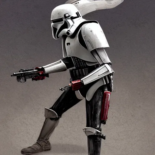 Image similar to full body shot of an imperial stormtrooper in battle position ready to shoot his blaster concept art by Doug Chiang cinematic, realistic painting, high definition, very detailed, extremely high detail, photo realistic, concept art, the Mandalorian concept art style