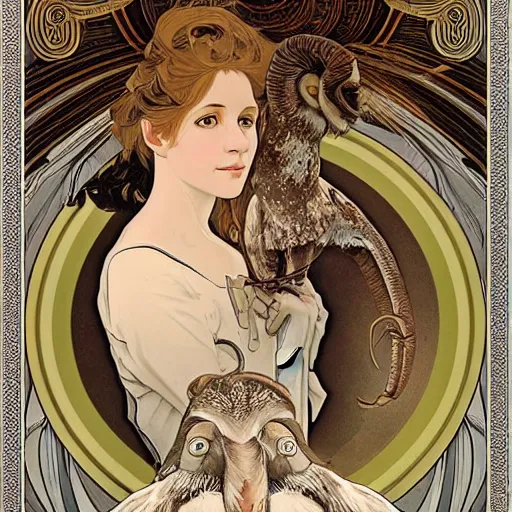 Prompt: amazing lifelike award winning poster illustration of woman with large curved mouflon ram horns from forehead and barn owl face in style of grays anatomy alphonse mucha cinematic
