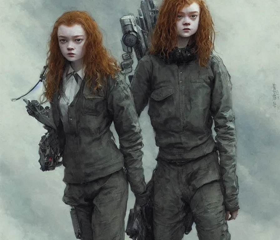 Image similar to sadie sink dressed in oversized school uniform : costume concept for a scifi cyberpunk film. by greg rutkowski, greg staples, gustave courbet, rosa bonheur. sharp focus, cinematic atmosphere, detailed and intricate, perfect anatomy