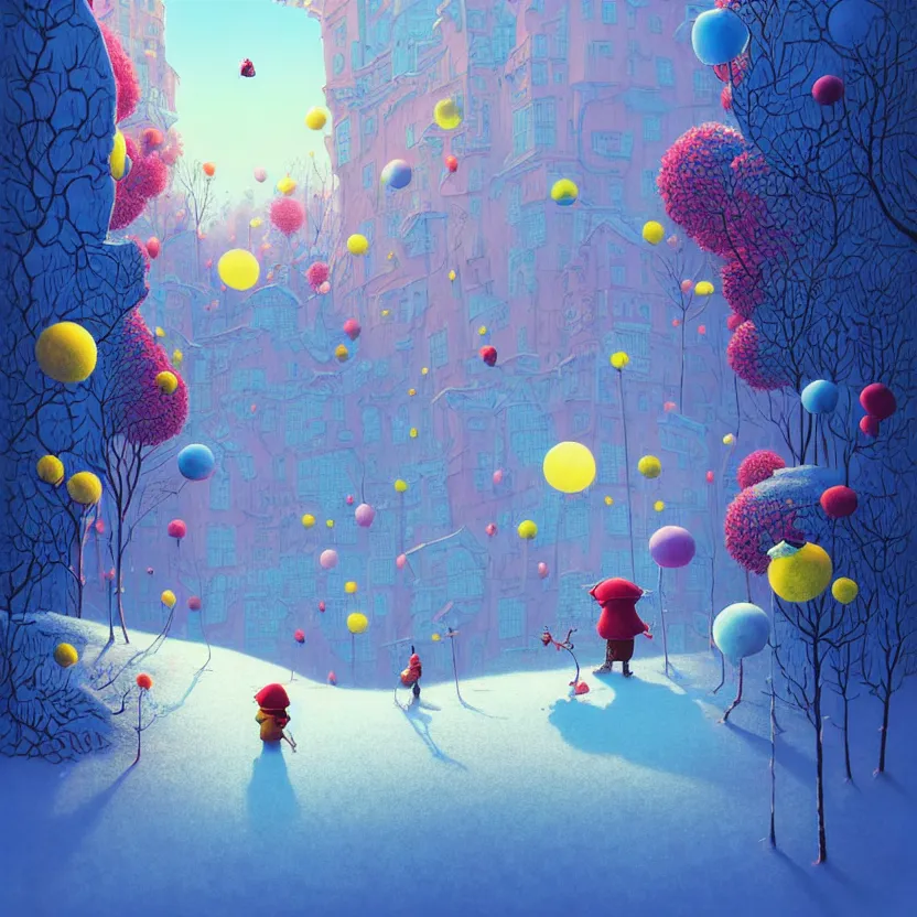 Image similar to snow ball, summer morning, very coherent and colorful high contrast, art by! gediminas pranckevicius! geof darrow, pastel color, volumetric lighting, cinematic, floralpunk screen printing woodblock, dark shadows, hard lighting, stippling art