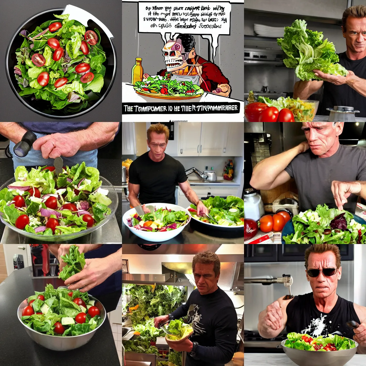 Prompt: The terminator making a salad