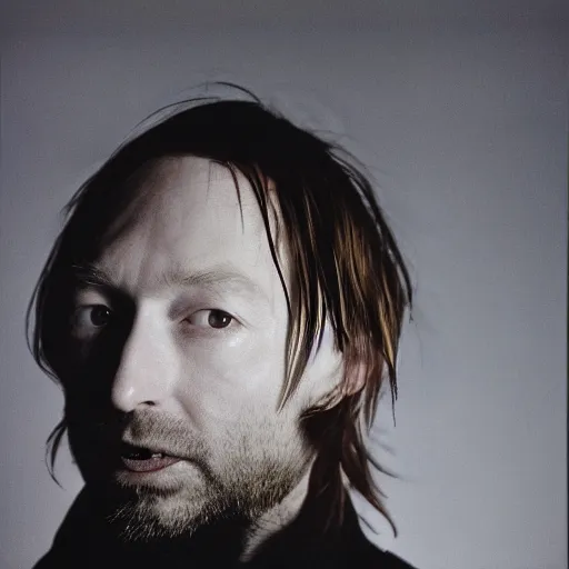 Prompt: Yorke Thom Radiohead yorke thom, with a beard and a black jacket, a portrait by John E. Berninger, dribble, neo-expressionism, uhd image, studio portrait, 1990s