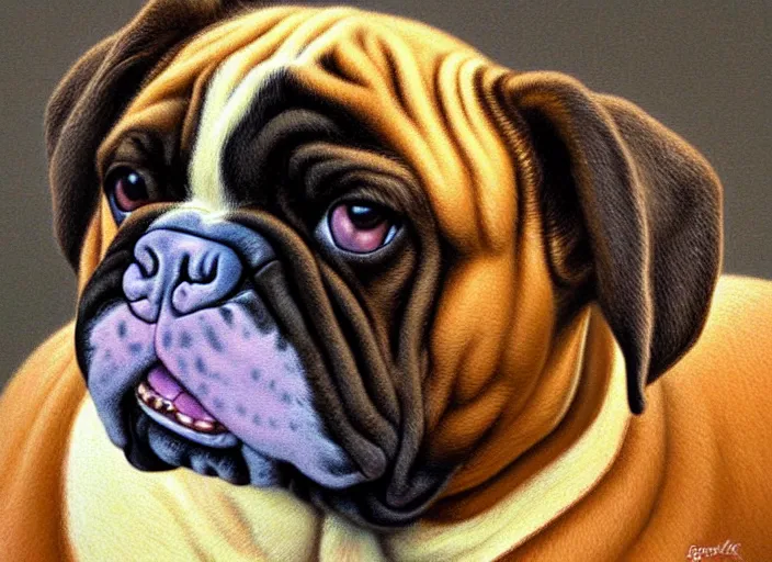 Prompt: baroque rococo painting The Royal Bulldog portrait Greg Hildebrandt high detail pastel cute puppy