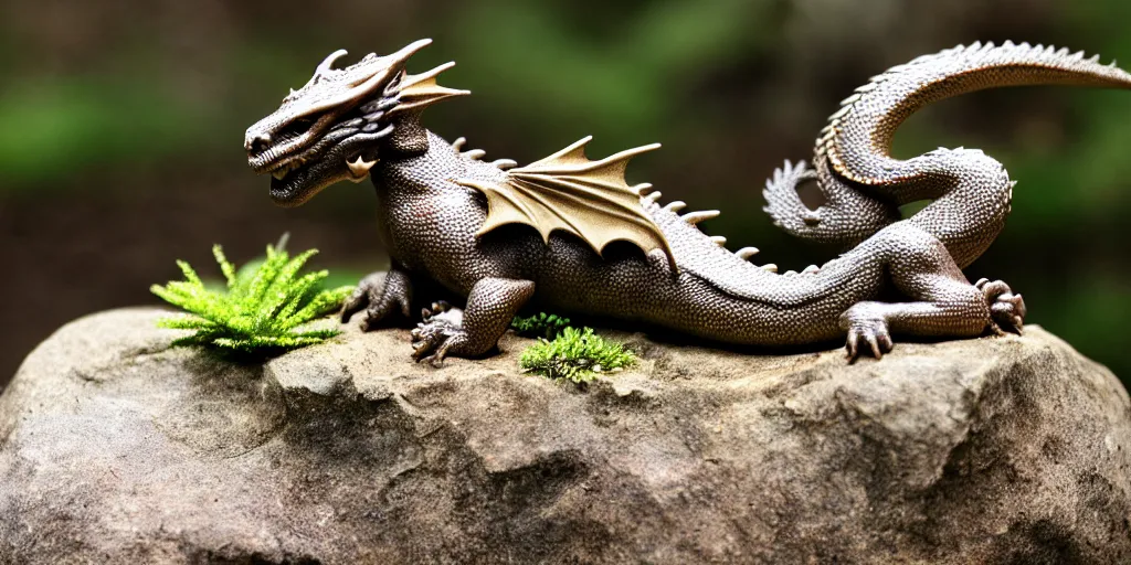 Image similar to A small dragon sitting on a rock, woodland creek, realistic.