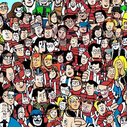 Prompt: cartoon of where's waldo at comic con