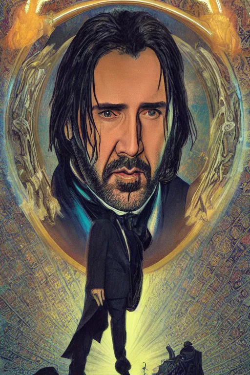 Image similar to a dramatic ethereal epic painting of nicolas cage as john wick | tarot card, art deco, art nouveau, realistic | deatiled face, dramatic lighting | by Dresden Codak, by Mark Maggiori and Alphonse Mucha | trending on artstation