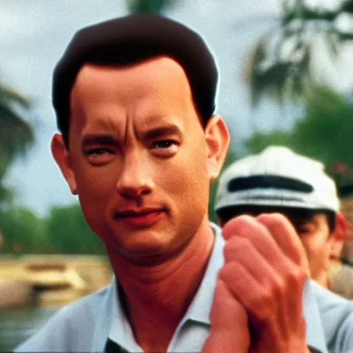 Image similar to Tom Hanks as forrest gump has giant shrimp heads instead of hands, hyper realistic, 8k resolution, amazing detail