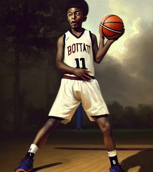 Image similar to portrait of a boy at a basketball court playing basketball wearing a basketball uniform in a basketball court standing near the basketball hoop, painted in 1842, intense emotion, detailed facial expression, detailed surroundings, intricate, elegant, highly detailed, centered, digital painting, artstation, concept art, smooth, sharp focus, illustration, by (Peter Mohrbacher), WLOP