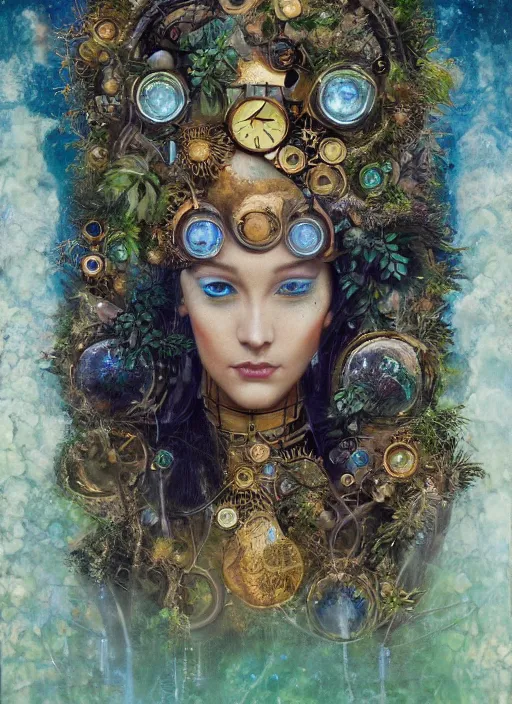 Prompt: oil painting of android woman covered by plants and crystals in the mystical forest, beautiful symmetrical face, renaissance style, wires and cords, golden steampunk, retro futurism, sci - fi, filigree jewellery, baroque, cinematic light, mystical shadows, 8 k