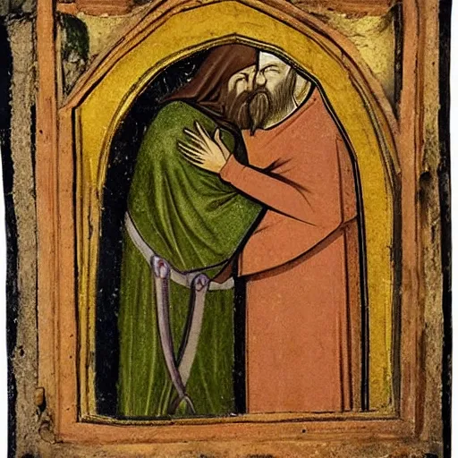 Image similar to medieval art, bearded man kissing bearded man