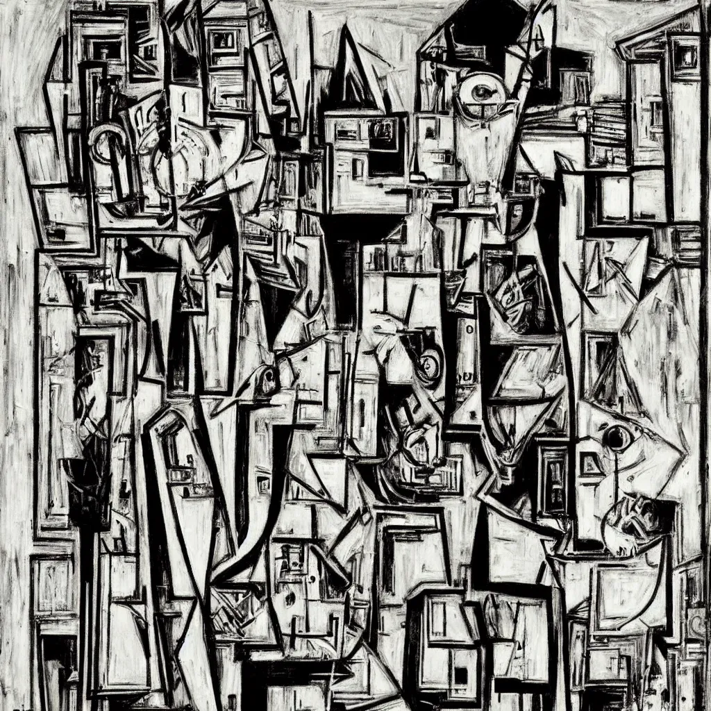 Prompt: monotonous, black and white, urban picasso style illustration, by bernard buffet : a robot that is an artist