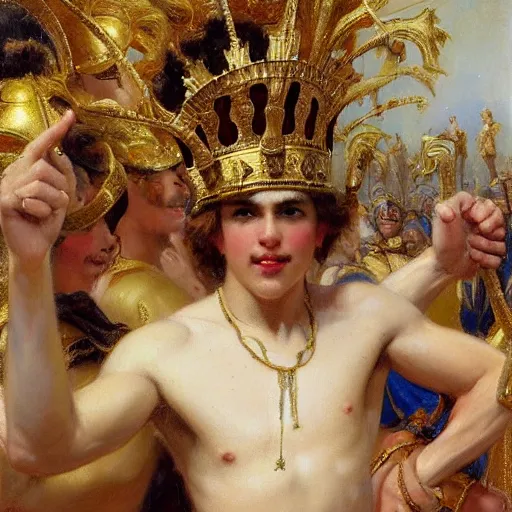 Prompt: a young man wearing a golden crown after overcoming his fear or death, standing above a cheering crowd, highly detailed painting by gaston bussiere and j. c. leyendecker 8 k