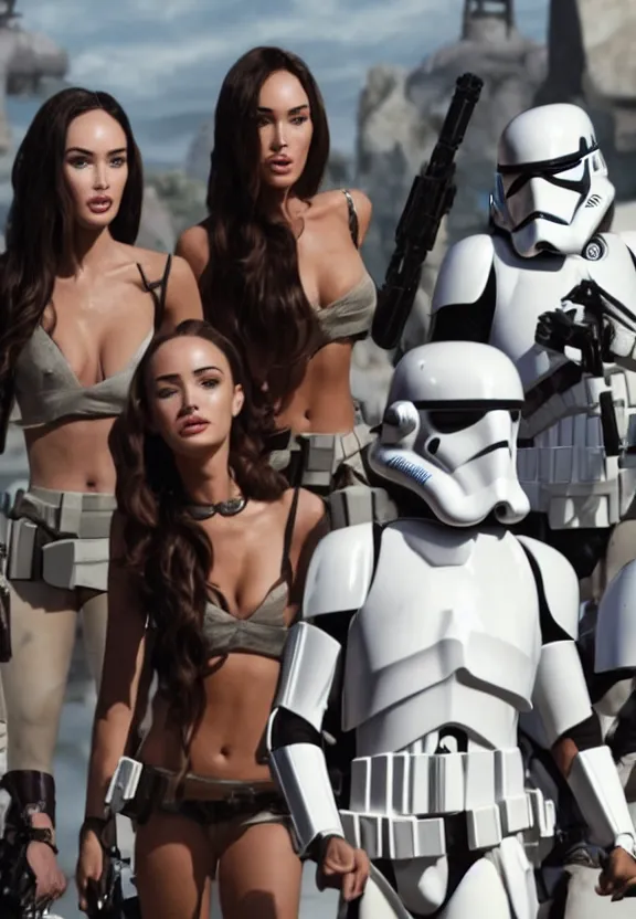 Prompt: Still of Megan Fox, & Ariana Grande, being briefed on the clone wars by a brunette clone trooper. beautiful composition, Star Wars Universe, Cinematic Lighting, beautiful face, beautiful eyes, 8K resolution