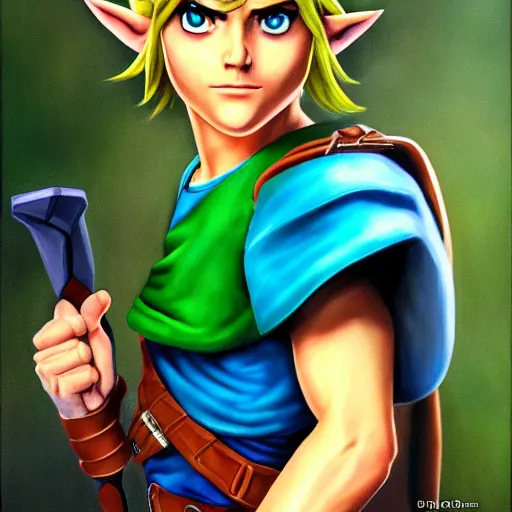 Prompt: An ultra-realistic portrait painting of Link from The Legend of Zelda in the style of Alex Ross. 4K. Ultra-realistic. Highly detailed. Epic lighting.