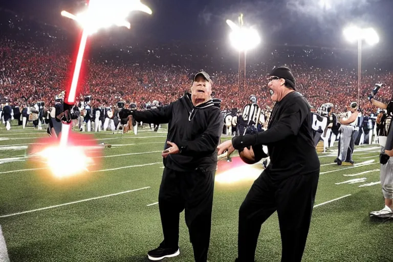 Prompt: Coach Belichick and coach Tomlin fighting with lightsabers on a football field, golden hour